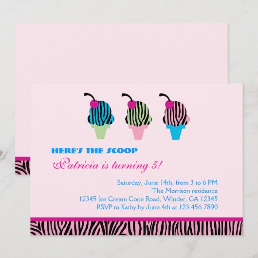 Zebra Print Ice Creme Party Einladung (Vorne/Hinten)