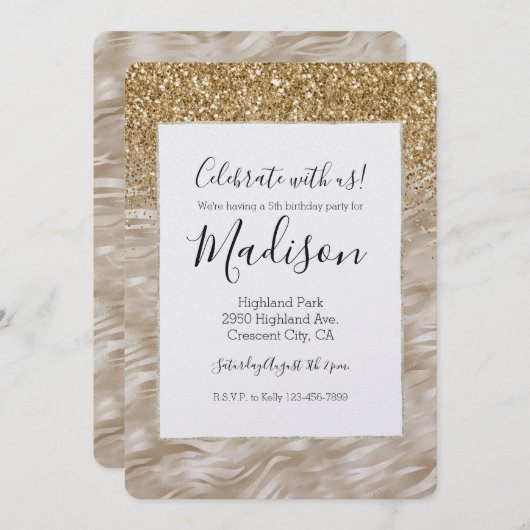 Zebra Print Imitate Gold Glitzer Einladung (Vorne/Hinten)