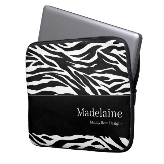 Zebra Print in Schwarzweiß mit Namen Laptopschutzhülle (Vorderseite Links)