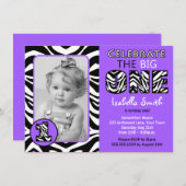 Zebra Print Lila Girls Erster Geburtstag Einladung (Vorne/Hinten)