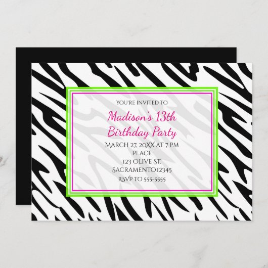 Zebra Print Lime Green und Pink Party Einladungen (Vorne/Hinten)