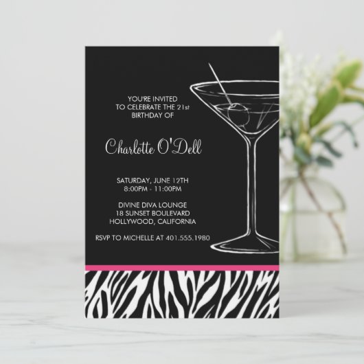 Zebra Print Martini Geburtstag Einladung (Stehend Vorderseite)