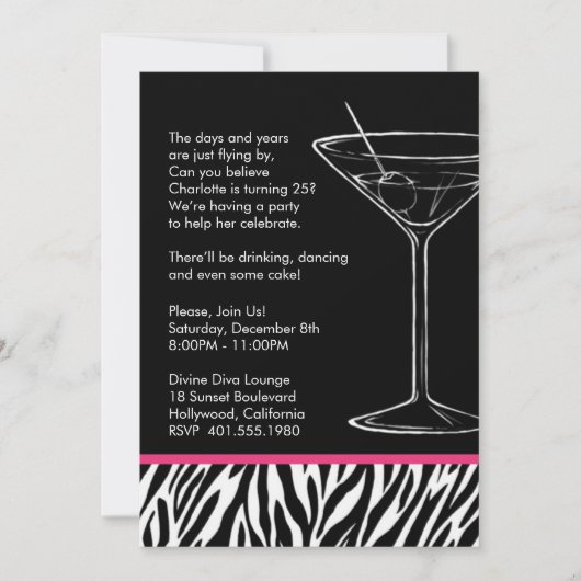 Zebra Print martini Geburtstagsparty Einladung (Vorderseite)