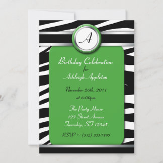 Zebra Print Monogram Green Birthday Einladungen