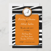 Zebra Print Monogram Orange Birthday Einladungen (Vorderseite)