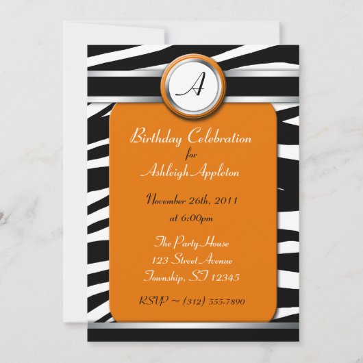 Zebra Print Monogram Orange Birthday Einladungen (Vorderseite)