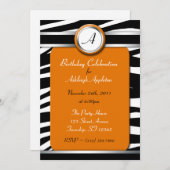 Zebra Print Monogram Orange Birthday Einladungen (Vorne/Hinten)