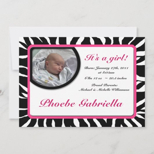 Zebra Print Pink Birth Ankündigungen (Vorderseite)