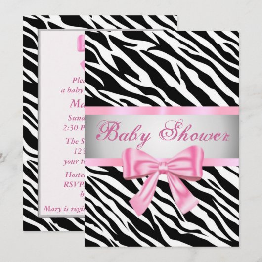 Zebra Print Pink Bow Baby Dusche Einladung (Vorne/Hinten)