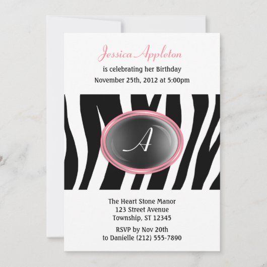 Zebra Print Pink Glas Monogram Birthday Einladung (Vorderseite)