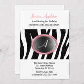 Zebra Print Pink Glas Monogram Birthday Einladung (Vorne/Hinten)