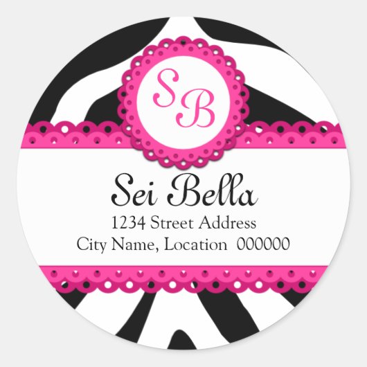 Zebra Print & Pink Lace Monogram Stickers (Vorderseite)