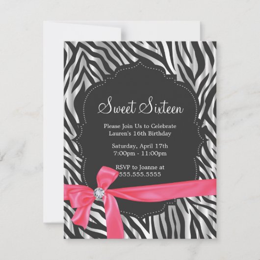 Zebra Print Pink Ribbon & Diamond Mode Sechzehn Einladung (Vorderseite)