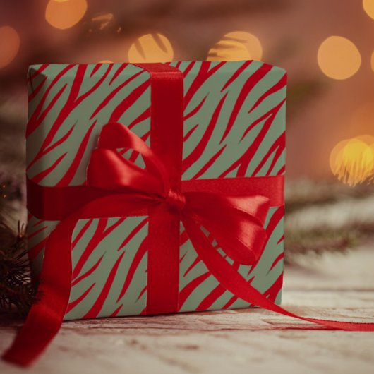 Zebra Print Sage Green Dunkel Red Modern Weihnacht Geschenkpapier