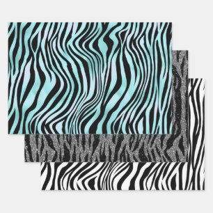 Zebra Print Schwarz und Aquamarin Türkis und Weiß Geschenkpapier Set