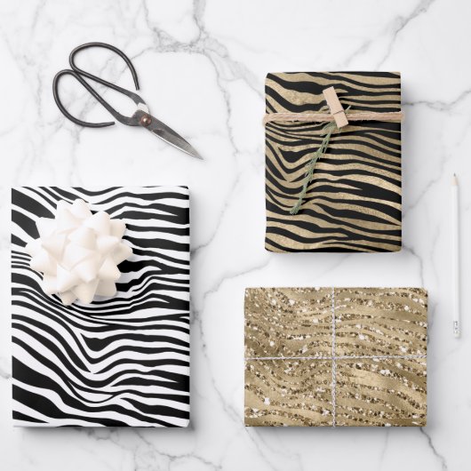 Zebra Print - Schwarz-Weiß-Glitzer Geschenkpapier Set (Vorderseite)