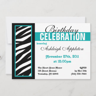 Zebra Print Side Aquamarin Geburtstagsparty Einlad Einladung