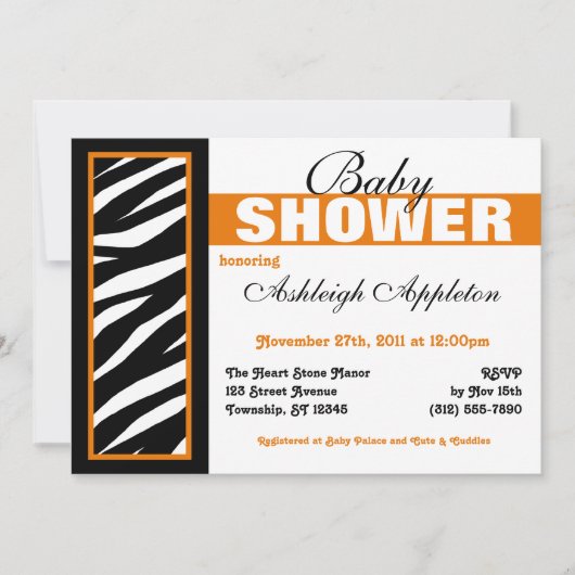 Zebra Print Side Orange Baby Shower Einladungen (Vorderseite)