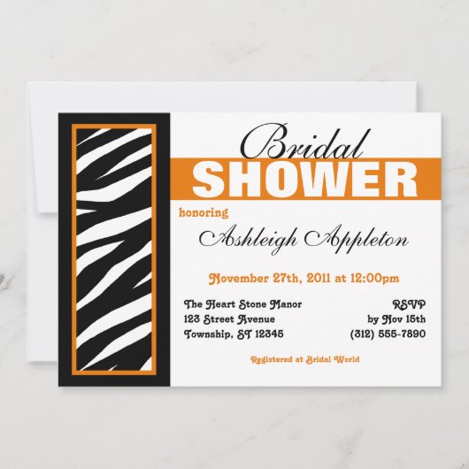 Zebra Print Side Orange Bridal Dusche Einladungen (Vorderseite)