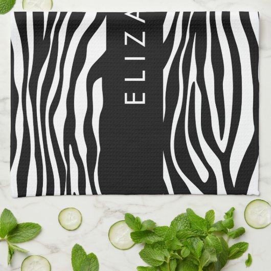 Zebra Print, Streifen, Schwarz und Weiß, Ihr Name Geschirrtuch (Gefaltet)