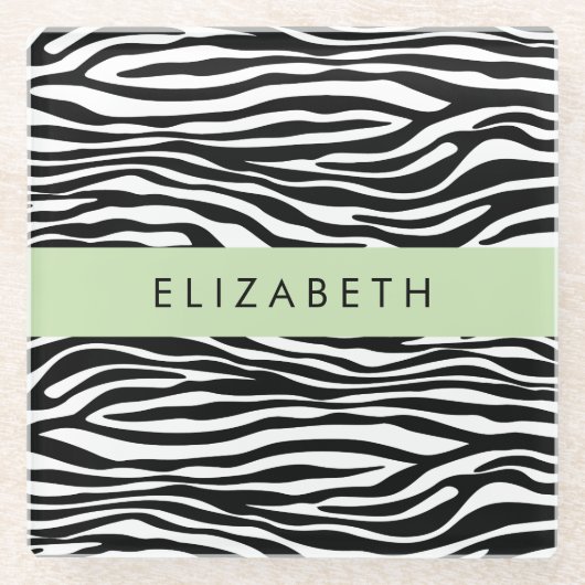 Zebra Print, Streifen, Schwarz und Weiß, Ihr Name Glasuntersetzer (Vorderseite)