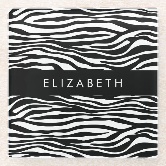 Zebra Print, Streifen, Schwarz und Weiß, Ihr Name Glasuntersetzer (Vorderseite)