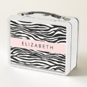 Zebra Print, Streifen, Schwarz und Weiß, Ihr Name Metall Brotdose (Rückseite)