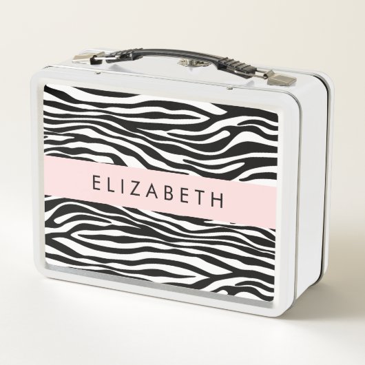 Zebra Print, Streifen, Schwarz und Weiß, Ihr Name Metall Brotdose (Rückseite)