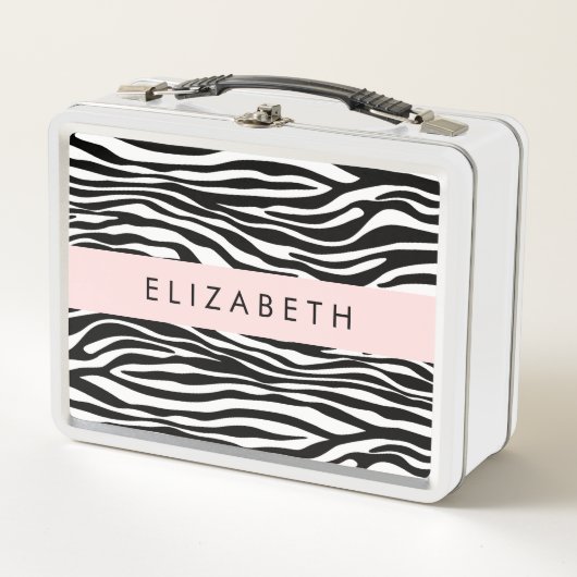 Zebra Print, Streifen, Schwarz und Weiß, Ihr Name Metall Brotdose (Vorderseite)