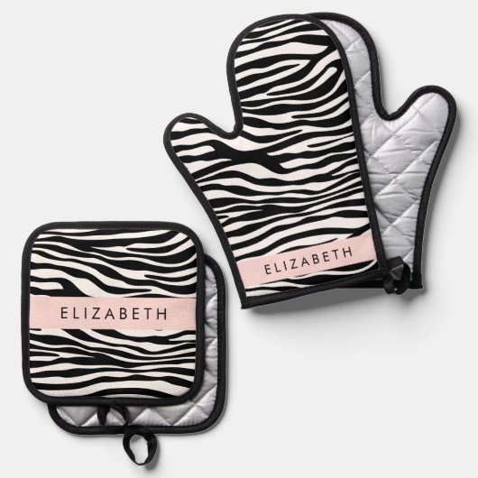 Zebra Print, Streifen, Schwarz und Weiß, Ihr Name Ofenhandschuh & Topflappen-Set (Vorderseite/Rückseite)