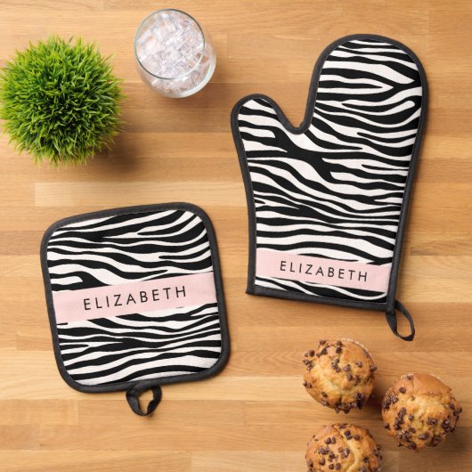 Zebra Print, Streifen, Schwarz und Weiß, Ihr Name Ofenhandschuh & Topflappen-Set (Oben Unten)