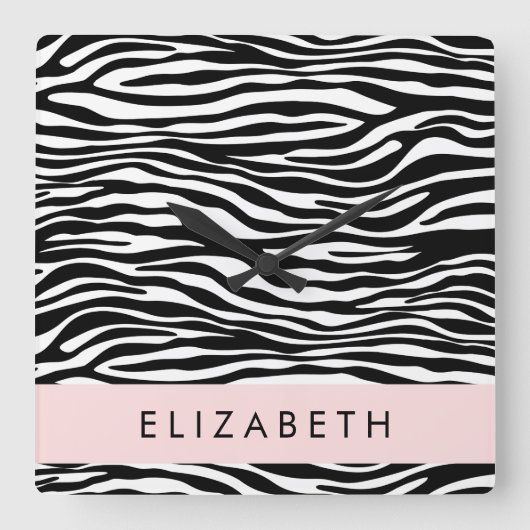 Zebra Print, Streifen, Schwarz und Weiß, Ihr Name Quadratische Wanduhr (Vorderseite)