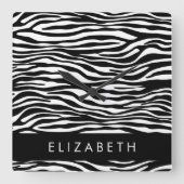 Zebra Print, Streifen, Schwarz und Weiß, Ihr Name Quadratische Wanduhr (Vorderseite)