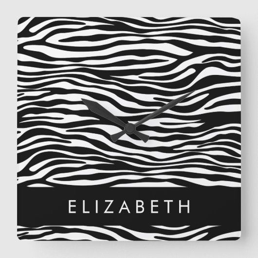 Zebra Print, Streifen, Schwarz und Weiß, Ihr Name Quadratische Wanduhr (Vorderseite)