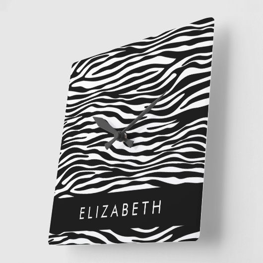 Zebra Print, Streifen, Schwarz und Weiß, Ihr Name Quadratische Wanduhr (Winkel)