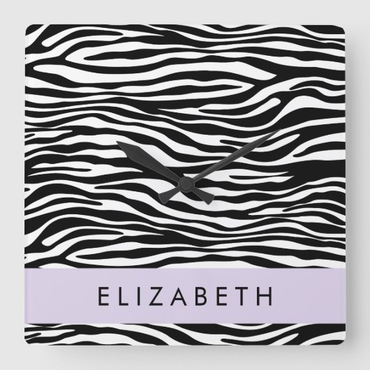 Zebra Print, Streifen, Schwarz und Weiß, Ihr Name Quadratische Wanduhr (Vorderseite)