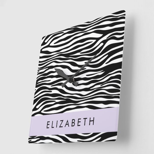 Zebra Print, Streifen, Schwarz und Weiß, Ihr Name Quadratische Wanduhr (Winkel)