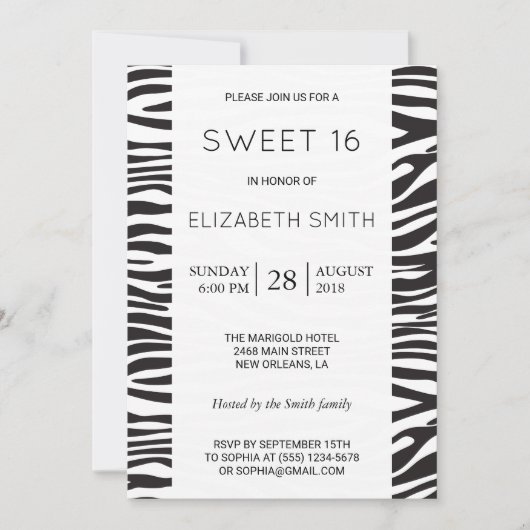 Zebra Print, Streifen, schwarz und weiß, süß 16 Einladung (Vorderseite)