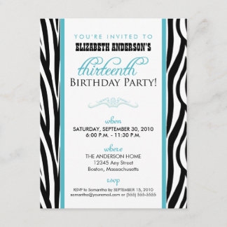 Zebra Print Sweet 13 Party Einladung (Aqua)