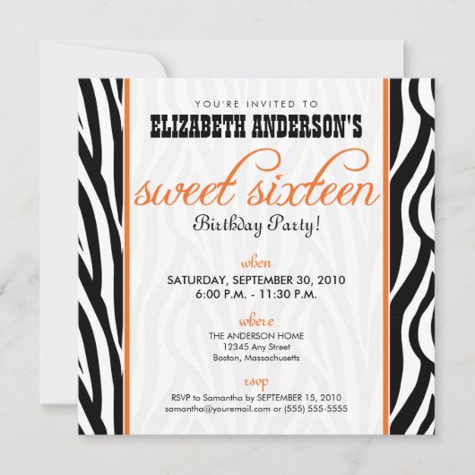 Zebra Print Sweet 16 Party Einladung (orange) (Vorderseite)