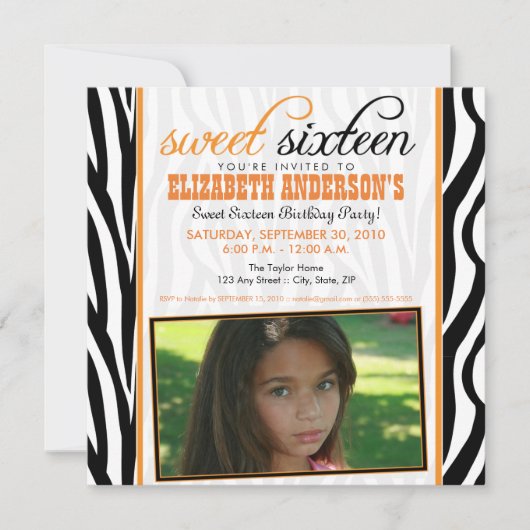 Zebra Print Sweet 16 Party Einladung (orange) (Vorderseite)