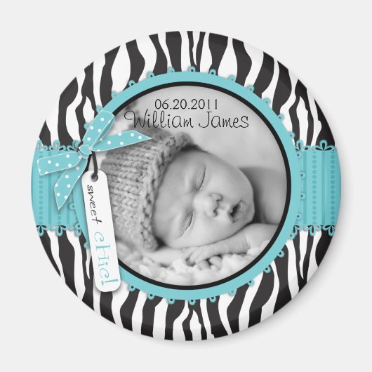 Zebra Print Turquoise Akzent Geburtsankündigung Magnet (Vorne)