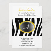 Zebra Print Yellow Glass Monogram Birthday Einladung (Vorne/Hinten)