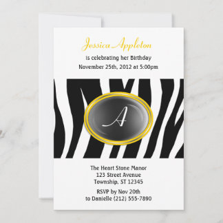 Zebra Print Yellow Glass Monogram Birthday Einladung