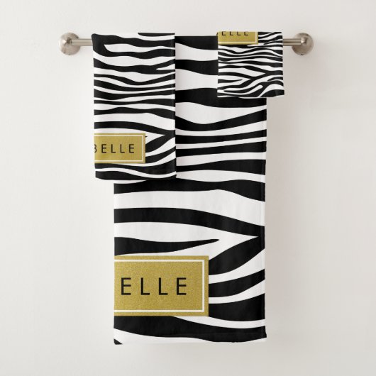 Zebra Print, Zebra, Schwarz und Weiß, Ihr Name Badhandtuch Set (Insitu)