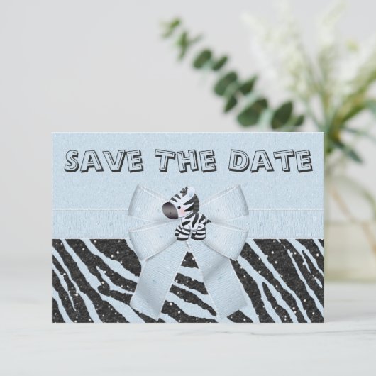 Zebra & Printed Bow Baby Shower Save the Date (Stehend Vorderseite)