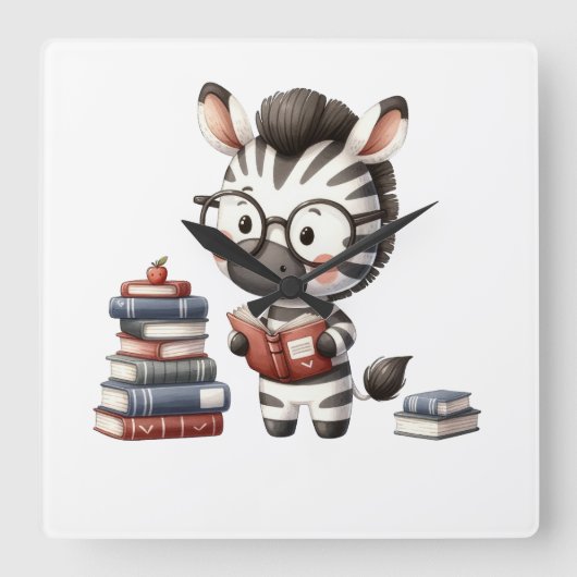Zebra Reading Bücher. Quadratische Wanduhr (Vorderseite)
