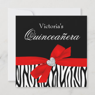 Zebra Red Bow Diamond Quinceanera Einladungen