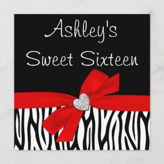 Zebra Red Bow Diamond Sweet 16 Einladungen
