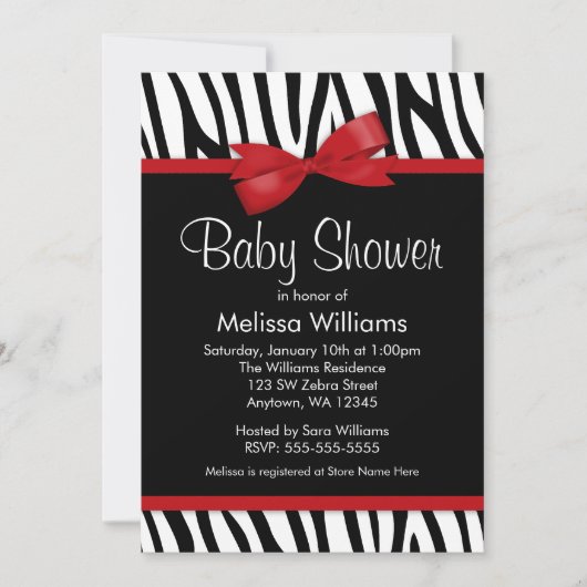 Zebra Red Printed Bow Baby Dusche Einladung (Vorderseite)